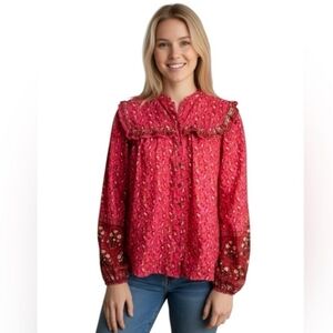 {Joie} Womans Red Floral Pesant Style Blouse - Size XL